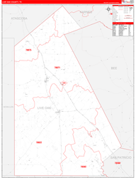 Live Oak County, TX Wall Map Zip Code Red Line Style 2024